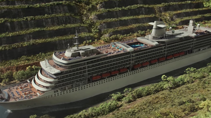 Netflix『三体』第5話でパナマ運河を通過しようとするエヴァンズの船
